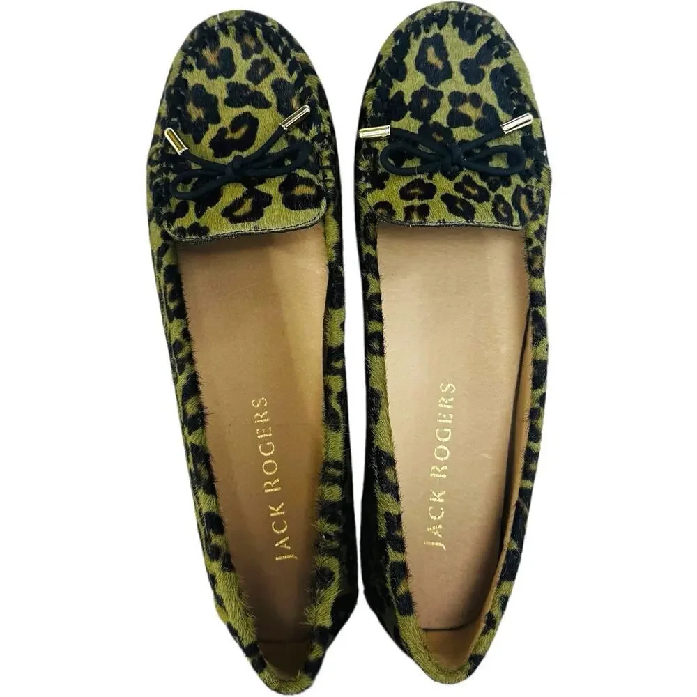 NEW Jack Rogers Calf Hair Millie Mocassin Bow Loafer Flat Green Black Size 8.5
